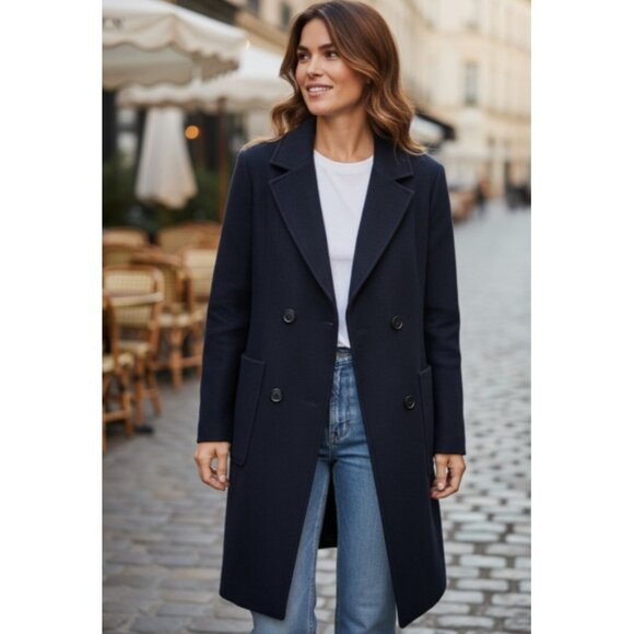 FLEURETTE DOUBLE BREASTED WOOL /Cashmere A-LINE MIDNIGHT LONG JACKET COAT sz 8 - Picture 1 of 15